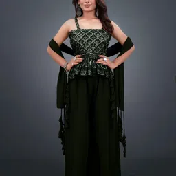 SANCIA Shoulder Straps Sequinned Georgette Ethnic Top With Palazzos & Dupatta-image-8