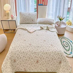 JC HOME Beige & Green Floral Pure Cotton 240 TC Double King Bed Cover & 2 Pillow Covers-image-60