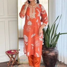 CaniBani Orange Cotton Blend Kurta Sets-52
