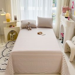 JC HOME Khaki & White Striped 140 TC Single Bedsheet with 1 Pillow Covers-image-42