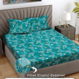 FABINALIV Turquoise Blue & White Floral 300 TC King Bedsheet with 2 Pillow Covers-image-54