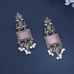 Brado Jewellery Silver-Plated Stones Studded & Beaded Peacock Oxidized Drop Earrings-image-91