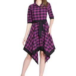 Hive91 Women Checked Asymmetric Hem Shirt Midi Dress-picture-9