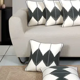 Ode & Cleo Grey & Off White Set of 5 Embroidered Square Cushion Covers-20