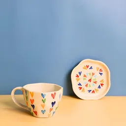 WEAVING HOMES Beige & Blue 2 Pieces Printed Cup & Dessert Plate-57
