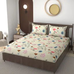 VOMZER Cream And Pink Floral Printed 210 TC Cotton King Bedsheet Set-1.98 m x 1.83-image-23
