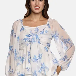 ISU Women Floral Printed Sweetheart Neck Puff Sleeve Chiffon Empire Top-picture-11