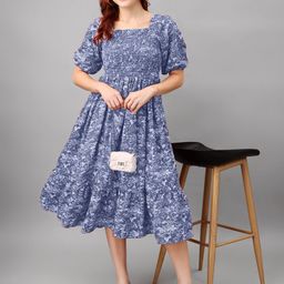 Raiyani Fashion Floral Print Puff Sleeve Applique Fit & Flare Midi Dress-image-69
