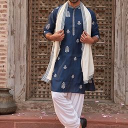 Jompers Men Floral Embroidered Chikankari Kurta with Salwar & Dupatta-picture-16