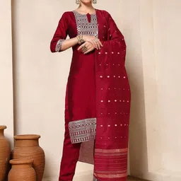 Sangria Women Ethnic Motifs Embroidered Kurta with Trousers & Dupatta-picture-18