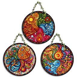 SEHAZ ARTWORKS Circle Set 3-Pcs Yellow & Red Printed Wooden Wall Hangings-image-87