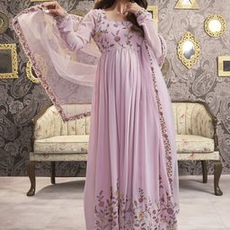 Inddus Pink Floral Embroidered Square Neck Georgette A-Line Kurta with Palazzo & Dupatta-image-30