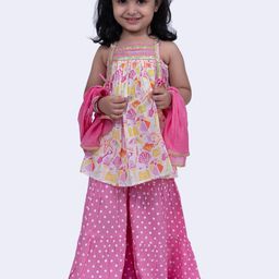 Twisha Girls Floral Printed Pure Cotton Pleated A-Line Kurta With Sharara & Dupatta-picture-30