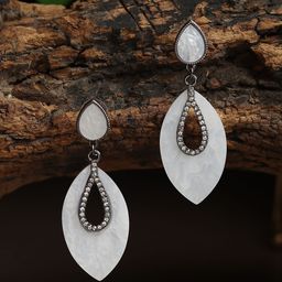 RHOSYN Silver-Plated Artificial Stones Studded Contemporary Shaped Drop Earrings-9
