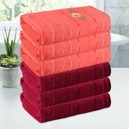 Kuber Industries Red & Orange 6 Pieces Striped 260 GSM Bath Towels-33