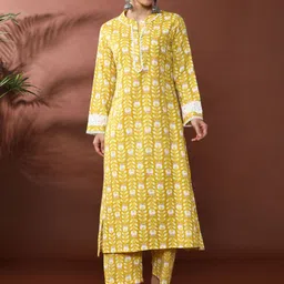 Anouk Floral Printed Mandarin Collar Pure Cotton Straight Kurta With Trousers-picture-5