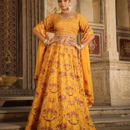 SCAKHI Floral Printed Raw Silk Ready to Wear Lehenga & Blouse With Dupatta-image-11