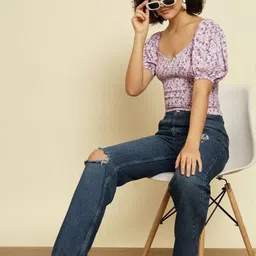 CORSICA Floral Print Sweetheart Neck Smocked Crepe Crop Top-image-57