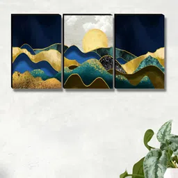 Aura Navy Blue & Gold-Toned 3 Piece Wood Sun Rise Wall Paintings-image-95