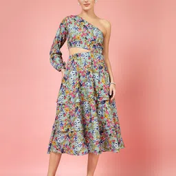 Oomph! Floral Printed One Shoulder Cut-Outs Crepe Fit and Flare Midi Dress-image-7