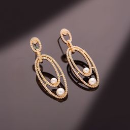 Voylla Sparkling Elegance Twin Pearl American Diamond Oval Drop Earrings-image-11
