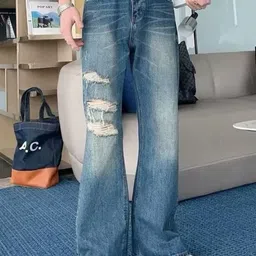 KPOP Men Solid Original Regular Fit Mid-Rise Highly Distressed Light Fade Regular Trousers-image-11