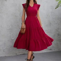 Outzidr Flutter Sleeves Smocked Tiered Empire Midi Dress-image-59