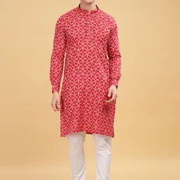 Anouk Red Geometric Woven Design Mandarin Collar Straight Kurta-33