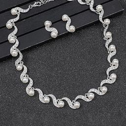 Peora Silver Plated Crystal & Pearls Studdded Wave Shaped Necklace With Drop Earrings-picture-37