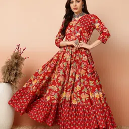 Sa Rasa Floral Printed V-Neck Angrakha Pure Cotton Anarkali Kurta-image-77