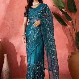 Sangria Embroidered Net Saree With Unstitched Blouse Piece-picture-0