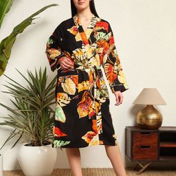 HANDICRAFT PALACE Black & Yellow Printed Pure Cotton Bath Robe-52