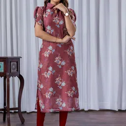 Sun Fashion And Lifestyle Women Floral Printed Puff Sleeves Shirt Collar Straight Kurta-picture-15