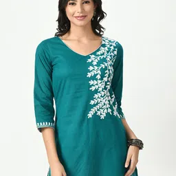 KALINI Ethnic Motifs Embroidered V-Neck Pure Cotton Kurti-image-6