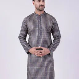 AURIK Checked Mandarin Collar Thread Work Pathani Kurta-image-94