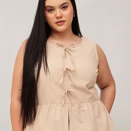 CURVY STREET Women Plus Size Tie-Up Neck Cotton Peplum Top-image-79