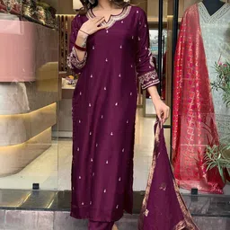 TWINS LADY Women Ethnic Motifs Embroidered Regular Sequinned Raw Silk Kurta with Trousers & With Dupatta-image-74