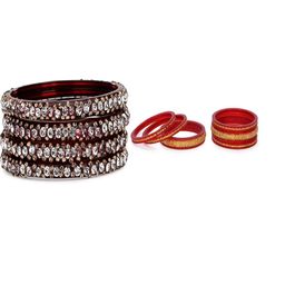 SOMIL Set Of 10 Red & Maroon Artificial Stones Beaded Glass Bangles-image-69