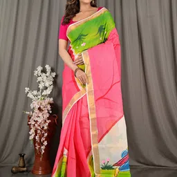 DipDiya Floral Zari Pure Cotton Handloom Taant Saree-image-70