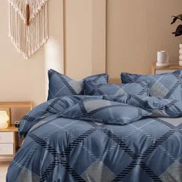 Bajo's Blue & Navy Blue Geometric 350 TC King Bedsheet with 2 Pillow Covers-image-21