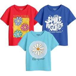 BonOrganik Girls Pack of 3 Graphic Printed Round Neck Cotton T-shirts-picture-26