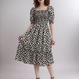 Moda Rapido Women Floral Printed Square Neck Smocked Midi Dress-picture-18