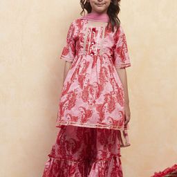 Biba Girls Ethnic Motifs Printed Regular Gotta Patti Pure Cotton Kurta with Sharara & With Dupatta-picture-17
