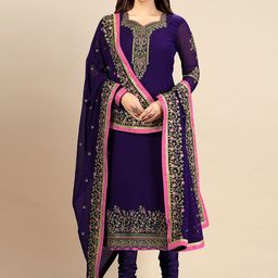 Trendmalls Floral Embroidered Regular Thread Work Kurta With Churidar & Dupatta-17