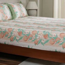 MASPAR Peach Colored Printed Pure Cotton 200 TC Fitted Single Bedsheet Set 91 cm x 1.83 m-24