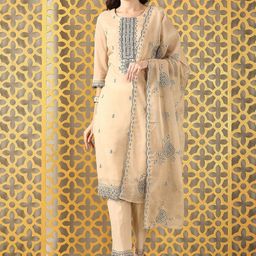 Anouk Floral Embroidered Thread Work Organza Straight Kurta With Trousers & Dupatta-54