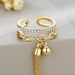 Bling Queen Gold-Plated Crystal-Studded Adjustable Finger Ring With Tassel Drop-8