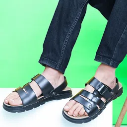 Killer Men Black Leather Comfort Sandals With Buckle-image-97