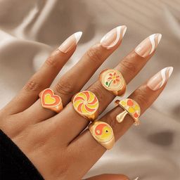 Yellow Chimes Set Of 5 Gold-Plated & Orange Enameled Finger Ring-image-22