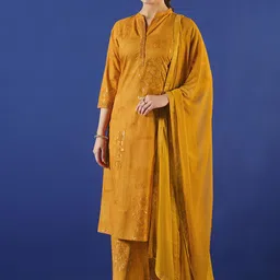 Anouk Floral Printed Mandarin Collar Pure Cotton Straight Kurta With Trouser And Dupatta-16